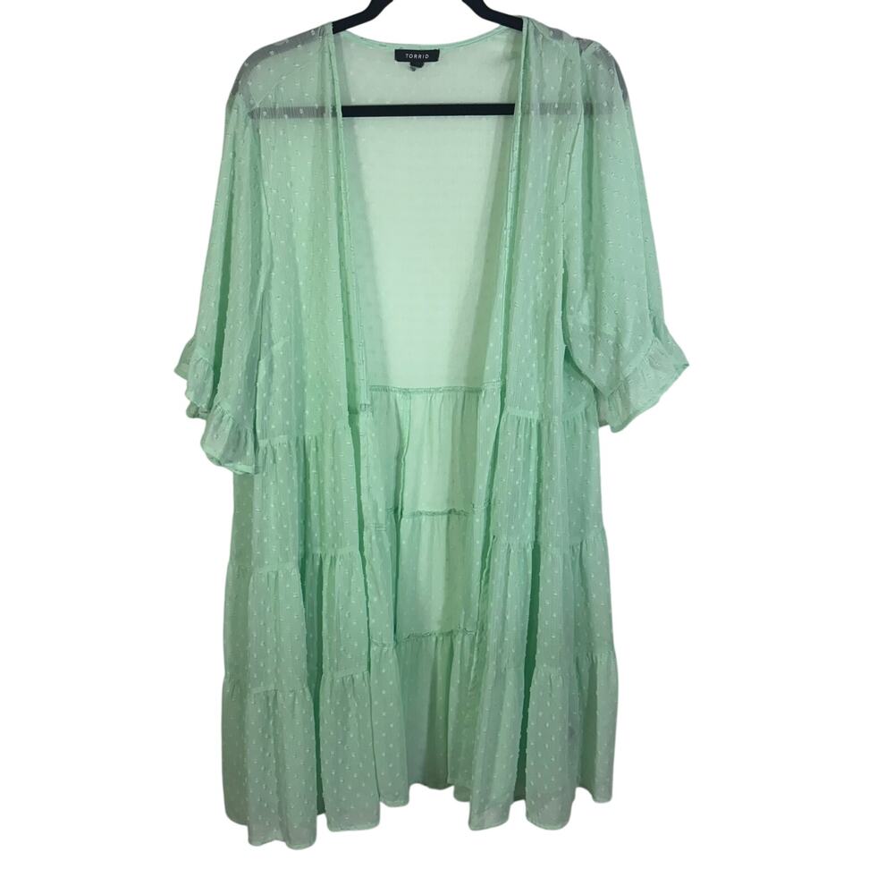 Torrid Mint Green Swiss Dot Chiffon Tiered Duster Kimono Ruffle Sleeve